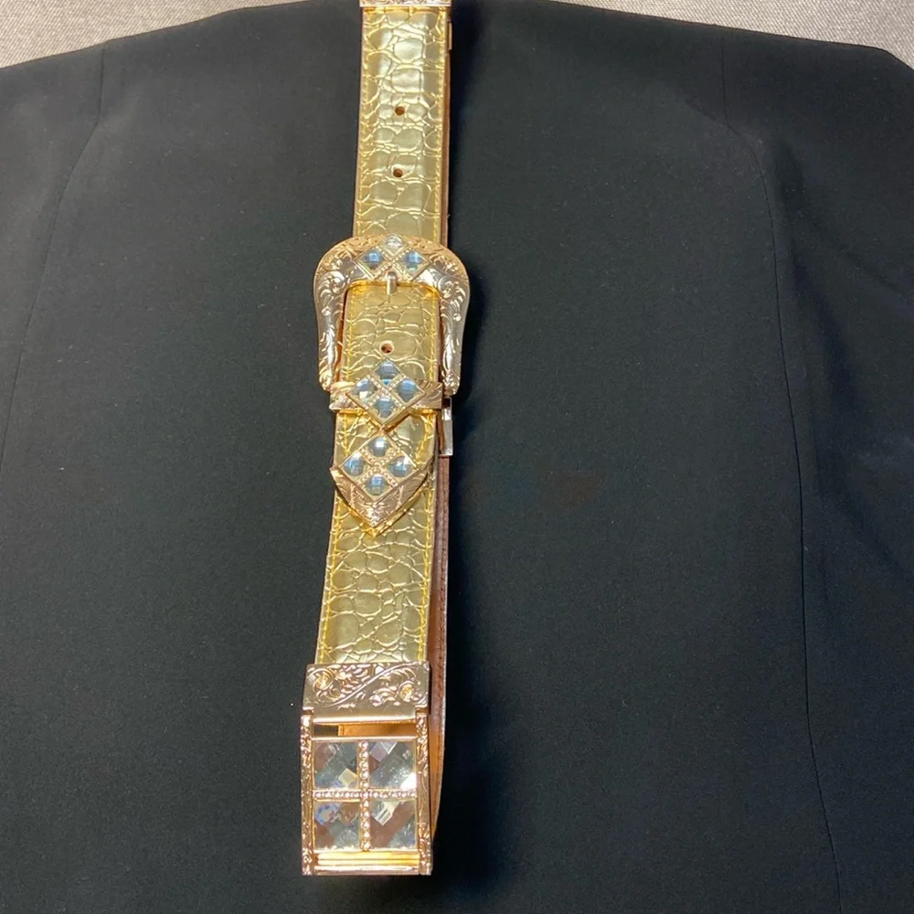RRango Unisex Gold Tone 4 White Stones Design Ostrich Custom Belt.